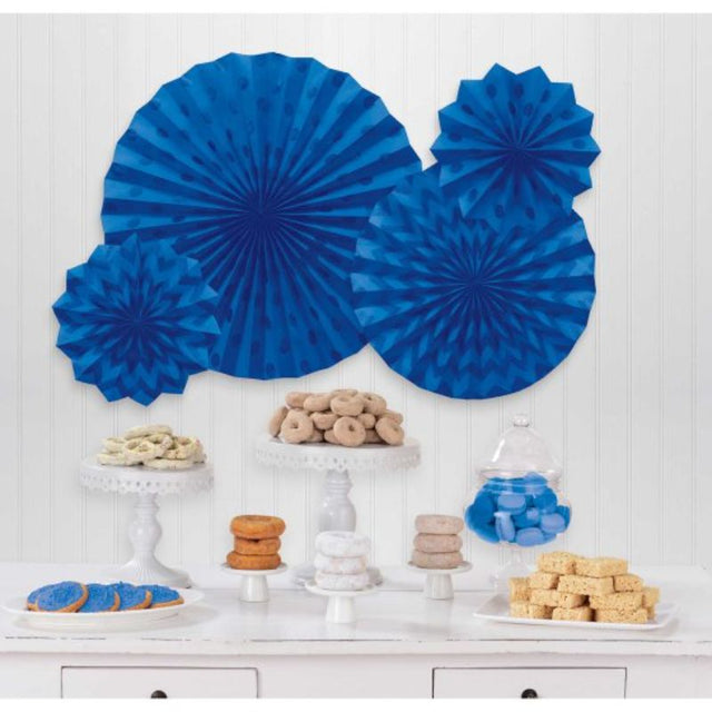 Vibrant pack of 4 bright royal blue glitter fans in various sizes for elegant party decor and easy hanging.