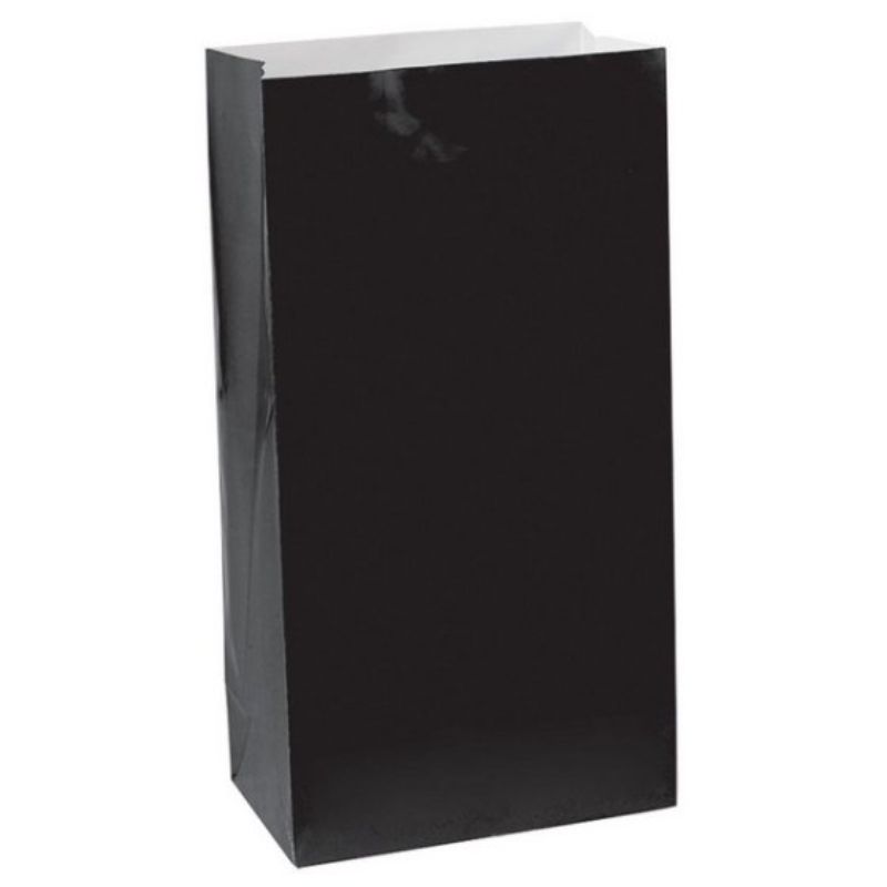 Large black paper treat bags, pack of 12, ideal for events and gift-giving, measuring 25cm x 13cm, eco-friendly design.