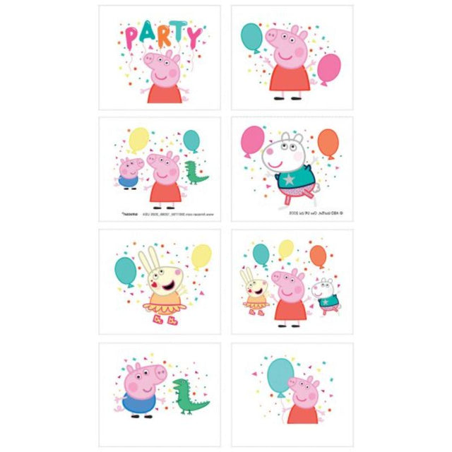 Vibrant pack of 8 Peppa Pig temporary tattoos for festive celebrations, featuring beloved characters for kids' enjoyment.