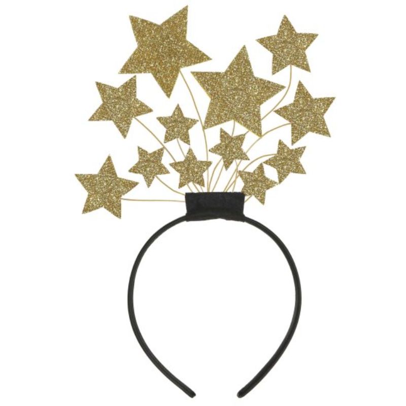 Gold and black glittered headband featuring star designs, perfect for adding glam to any outfit or occasion.