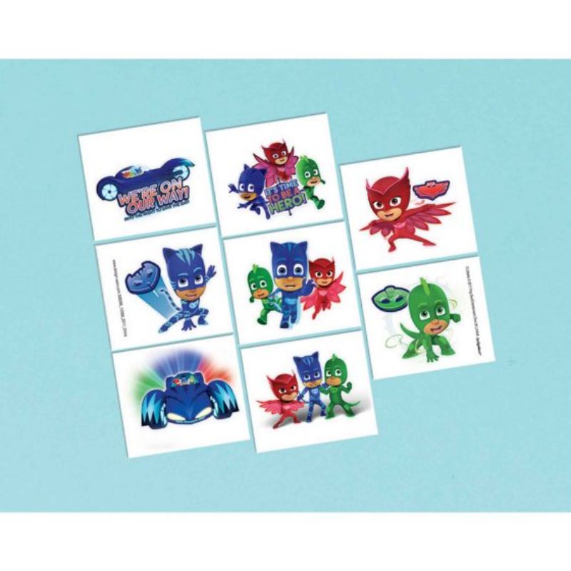 Colorful PJ Masks temporary tattoos featuring Catboy, Owlette, and Gekko, perfect for kids' parties and celebrations.