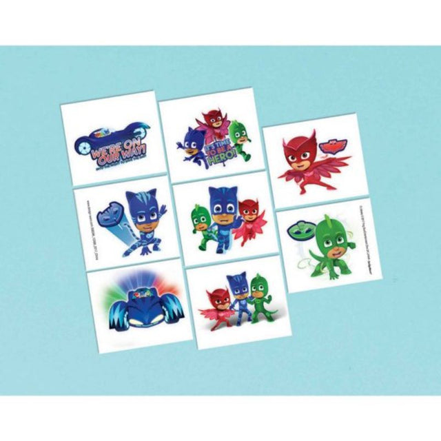 Colorful PJ Masks temporary tattoos featuring Catboy, Owlette, and Gekko, perfect for kids' parties and celebrations.