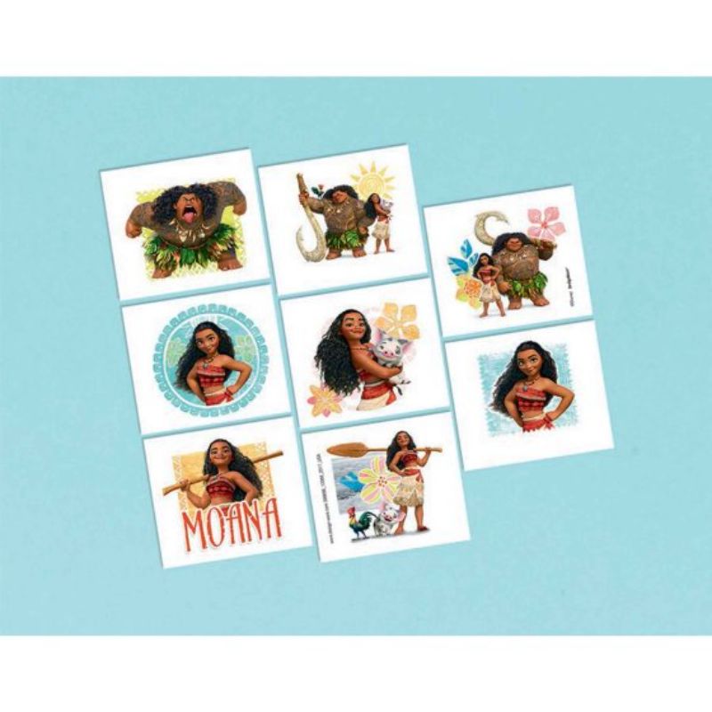 Colorful Moana temporary tattoos featuring playful designs for kids, perfect for parties and creative fun.