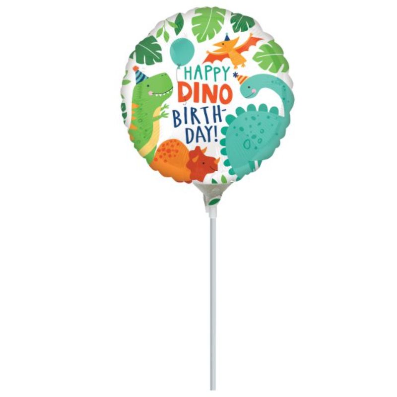 Bright 22cm foil balloon featuring a friendly dinosaur, perfect for dinosaur-themed birthday parties and celebrations.