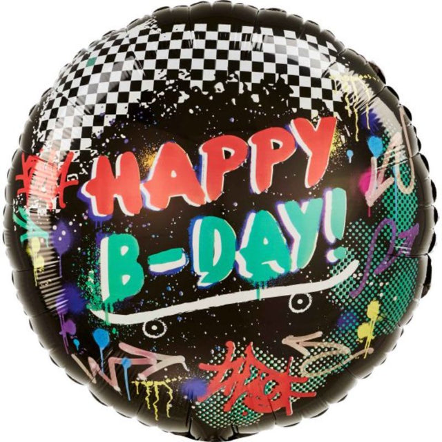 Vibrant 45cm skater-themed foil balloon for birthdays, featuring playful design, self-sealing for easy use.