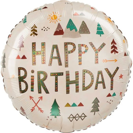 Vibrant 45cm wilderness-themed Happy Birthday foil balloon, perfect for enhancing birthday celebrations.