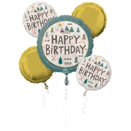 Colorful Bouquet Wilderness Happy Birthday foil balloons, featuring one unique shape and four standard balloons for festive celebrations.