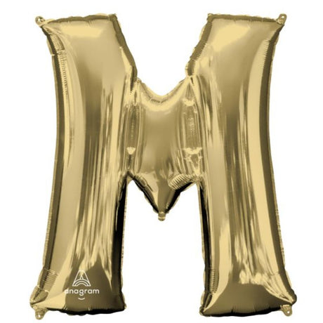 White gold SuperShape Letter M balloon, 86cm, self-sealing, perfect for elegant celebrations and memorable photo opportunities.