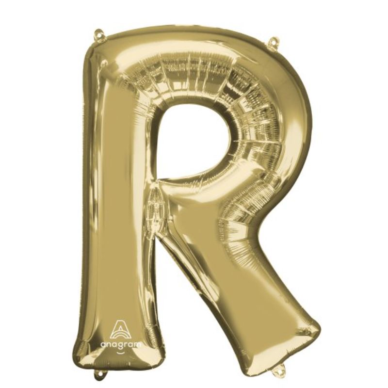 Elegant 86cm white gold foil balloon shaped as letter R, perfect for celebrations and decorative backdrops.