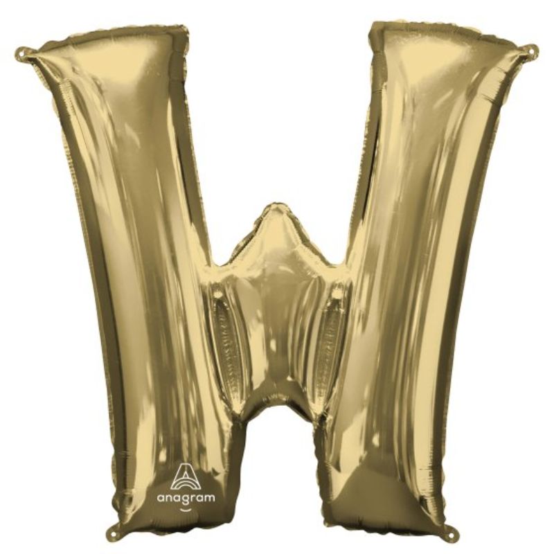 Self-sealing 86cm white gold foil balloon shaped like the letter W, ideal for elegant celebrations and party decor.