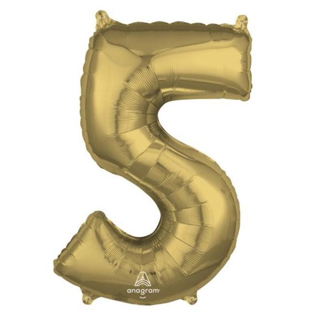 Mid-size white gold numeral 5 balloon, 66cm, self-sealing, perfect for elegant celebrations and versatile decor.