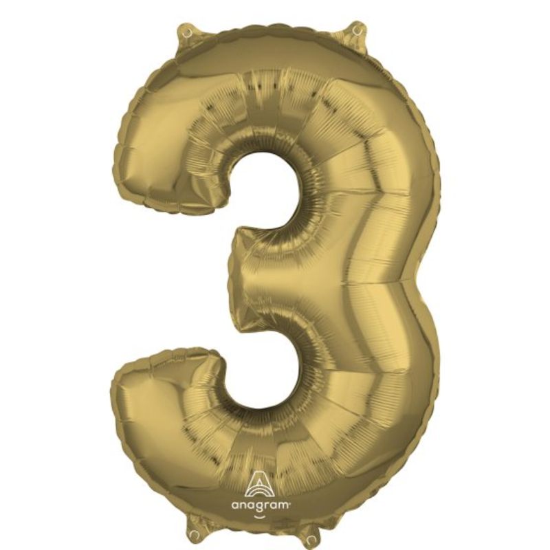 Mid-size white gold numeral 3 balloon, 66cm, elegant foil decoration for birthdays and special occasions.