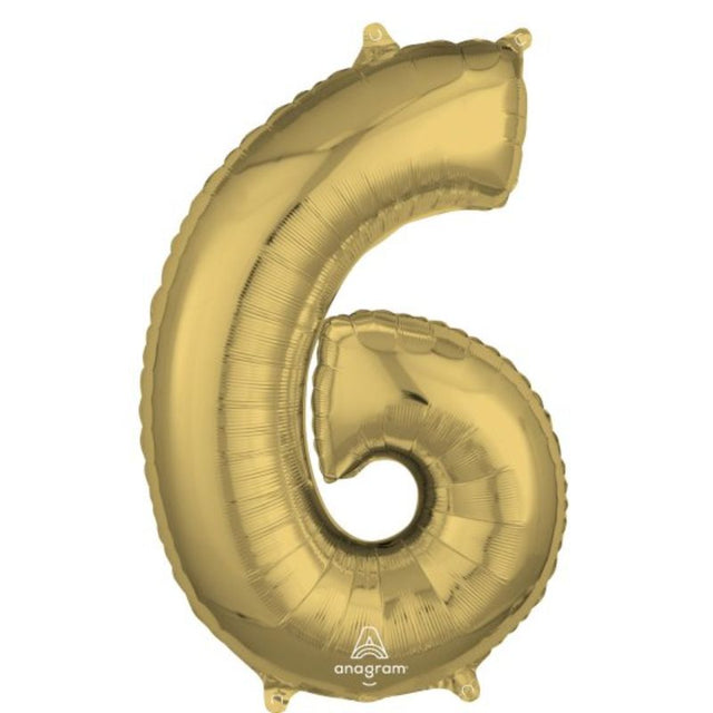 Mid-size white gold numeral 6 foil balloon, perfect for celebrations and elegant decor at parties and events.