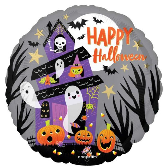 Colorful 45cm haunted house decoration with ghosts, bats, and pumpkins, perfect for Halloween parties and themed events.