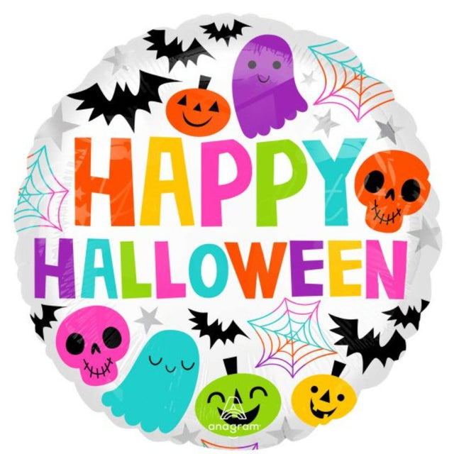 Vibrant 45cm foil balloon with a creepy design, perfect for Halloween parties and decorations. Self-sealing and durable.