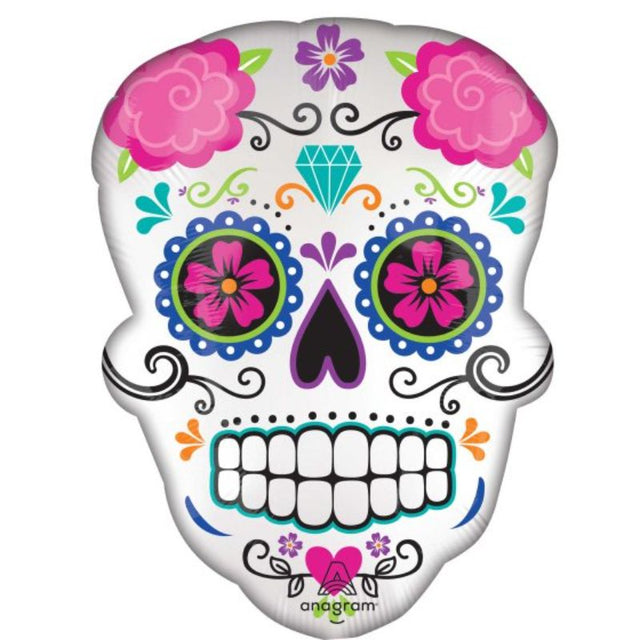 Vibrant 45cm x 60cm sugar skull foil balloon, perfect for Day of the Dead and Halloween celebrations.