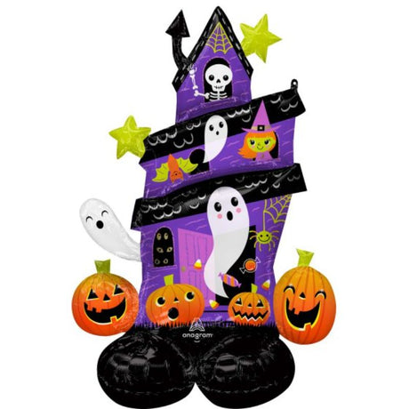 Inflatable haunted house decoration for Halloween, 88cm x 127cm, easy to inflate with straw and strap included.