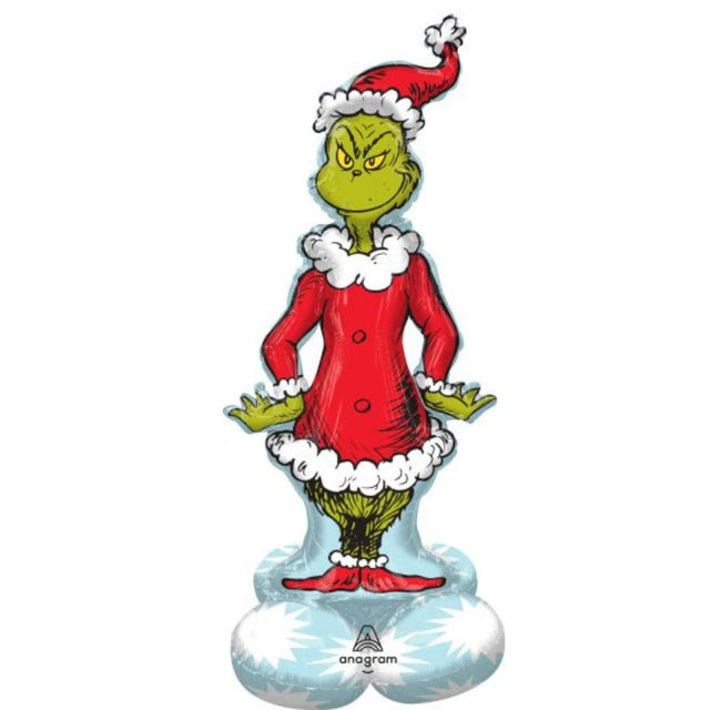 Inflatable AirLoonz Dr. Seuss The Grinch balloon, 66cm x 147cm, perfect for festive holiday decorations and gatherings.