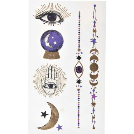 Twelve unique temporary tattoos featuring mystical designs like crystal balls and tarot cards for enchanting parties.