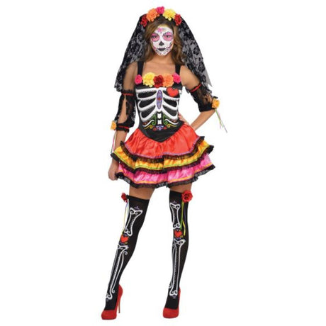 Day of the Dead Senorita costume in women's size 16-18, featuring vibrant floral patterns, lace choker, and veil headband.