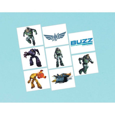 Colorful pack of 8 Buzz Lightyear temporary tattoos, perfect for kids' parties and imaginative play. Easy to apply and remove.