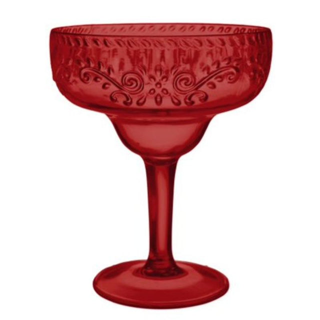 Dark red floral debossed margarita glass, 561ml capacity, perfect for stylish entertaining and outdoor gatherings.