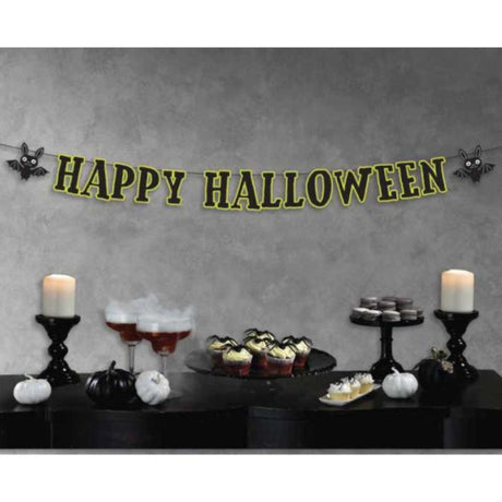 Colorful "Happy Halloween" banner with playful bats, perfect for festive indoor and outdoor Halloween decor.