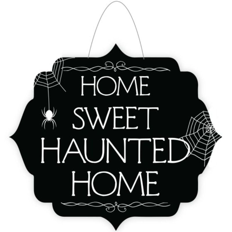 "Hanging door sign with 'Home Sweet Haunted Home' design, perfect for adding spooky charm to your Halloween decor."