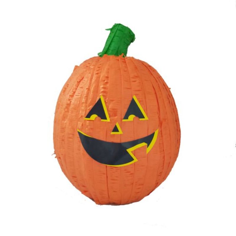 Vibrant 3D pumpkin piñata, perfect for Halloween and autumn celebrations, measures 28cm x 38cm x 28cm.