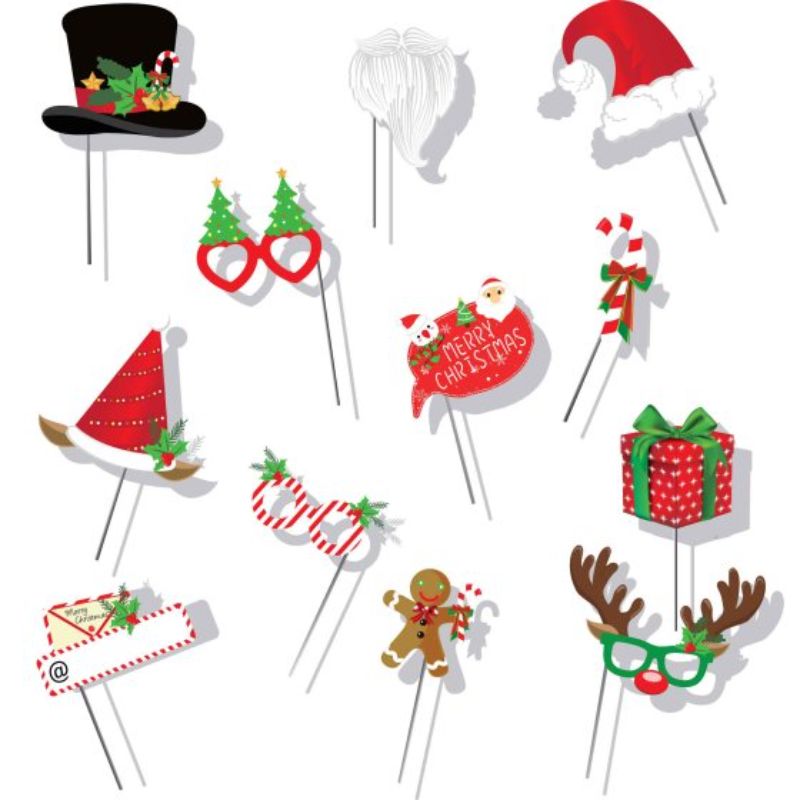 Bright and playful Christmas photo props pack of 12, featuring Santa hats, reindeer antlers, and assorted festive designs.