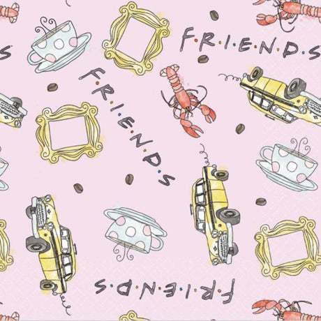 Colorful Friends-themed lunch napkins in a pack of 16, perfect for gatherings and casual meals.