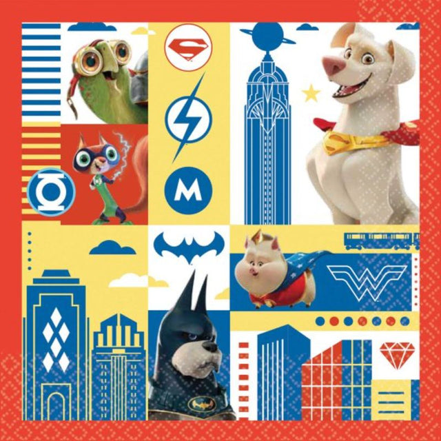 Colorful DC Super Hero Pets napkins featuring popular characters like Krypto and Ace, perfect for fun lunches and parties.