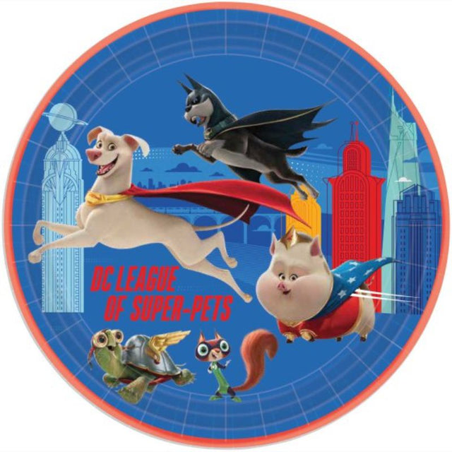 Colorful 9-inch paper plates featuring DC Super Hero Pets, perfect for kids' parties and themed celebrations. Pack of 8.