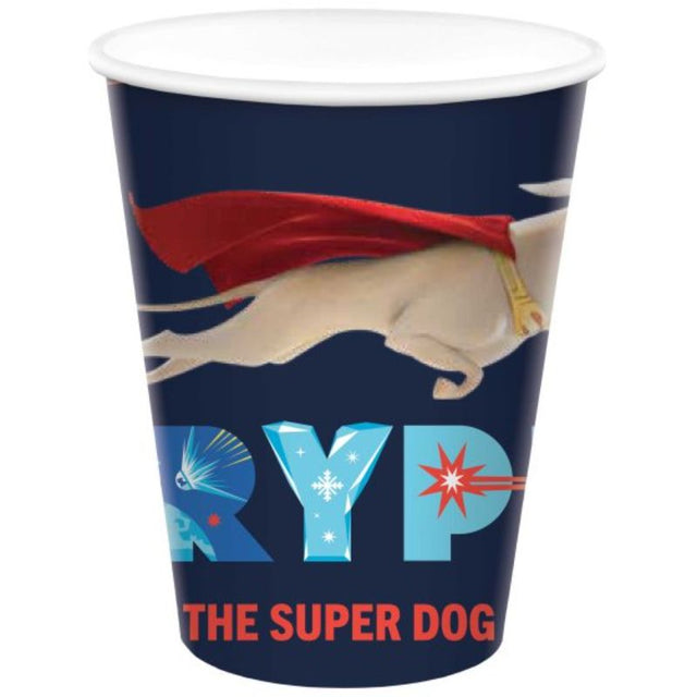 Colorful paper cups featuring DC Super Hero Pets, perfect for kids' parties and gatherings, pack of 8, 9oz capacity.