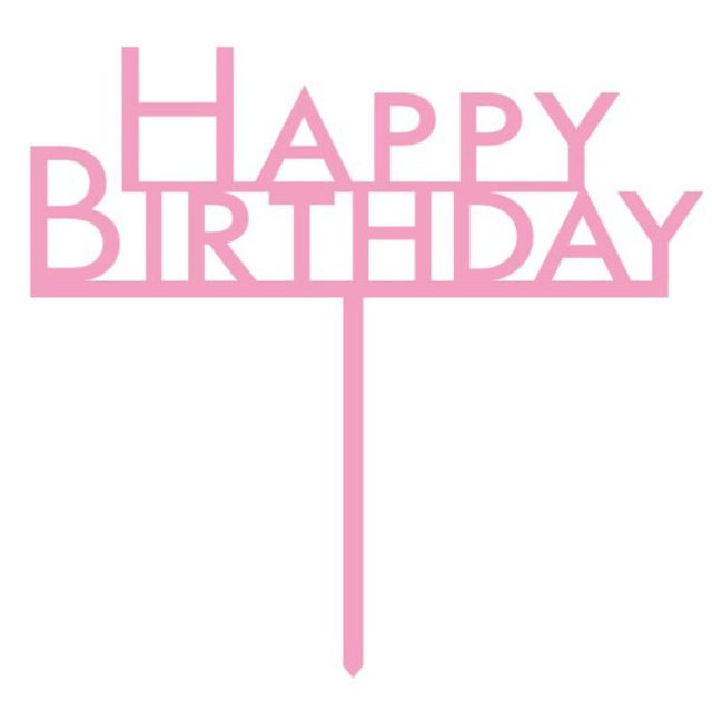 Chic pink acrylic "Happy Birthday" cake topper, ideal for elegant celebrations and various cake styles.