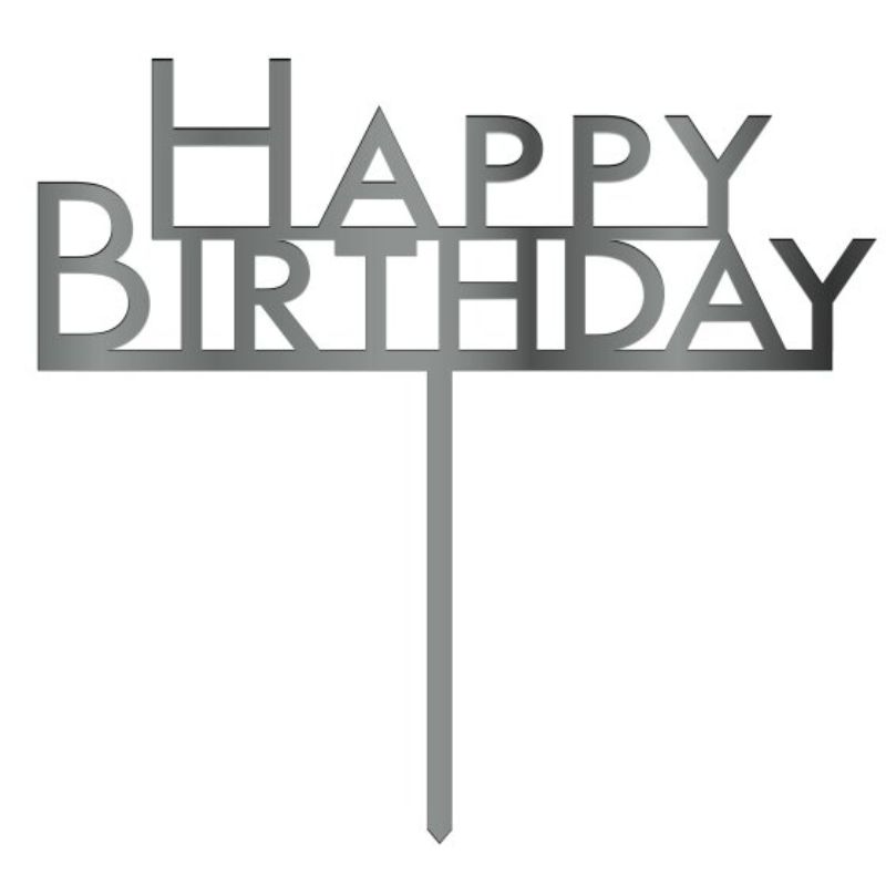 Elegant silver acrylic "Happy Birthday" cake topper designed for stylish birthday celebrations and versatile use.