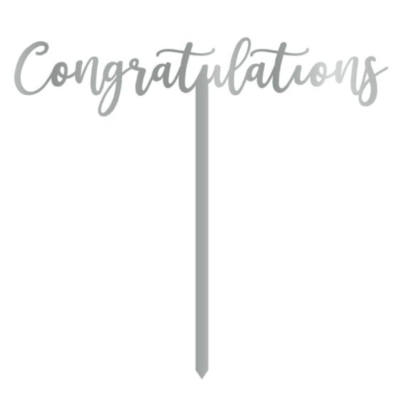 Silver acrylic cake topper reading "Congratulations," ideal for festive celebrations and elegant dessert displays.