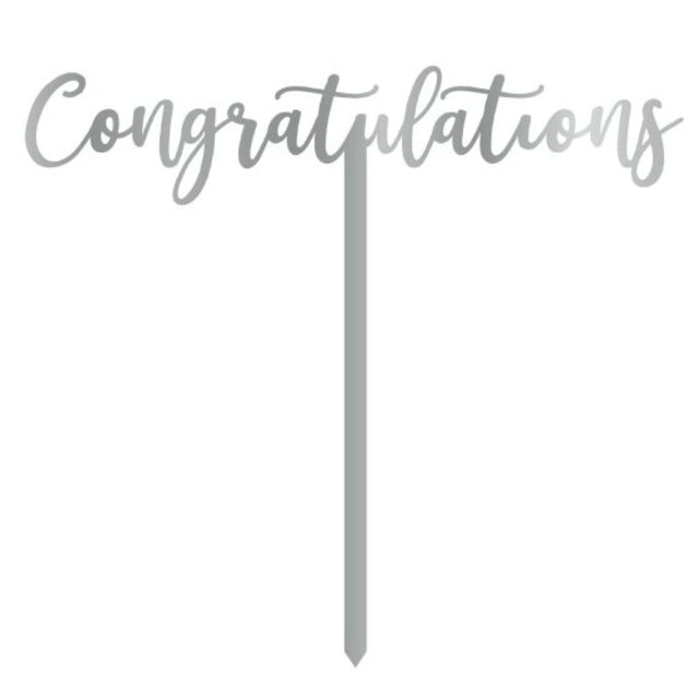 Silver acrylic cake topper reading "Congratulations," ideal for festive celebrations and elegant dessert displays.