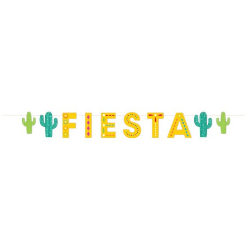 Vibrant 1.2m Fiesta Letter Banner featuring colorful letters and playful cactus designs for festive celebrations.