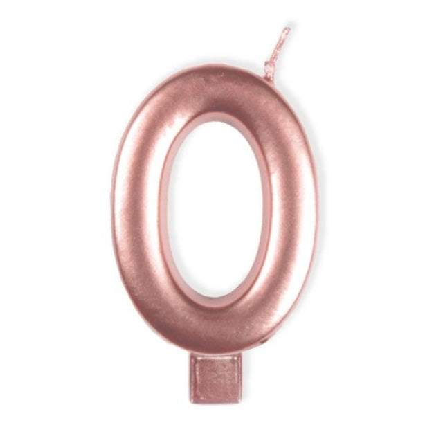 Rose gold #0 numeral candle, 8cm tall, perfect for adding elegance to birthday and anniversary cakes.