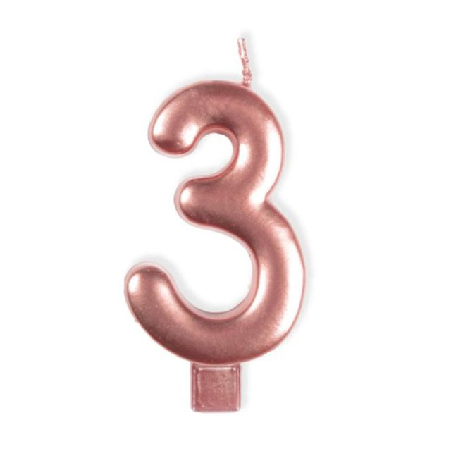 Rose gold #3 numeral candle, 8cm tall, perfect for elegant celebrations and special occasions.