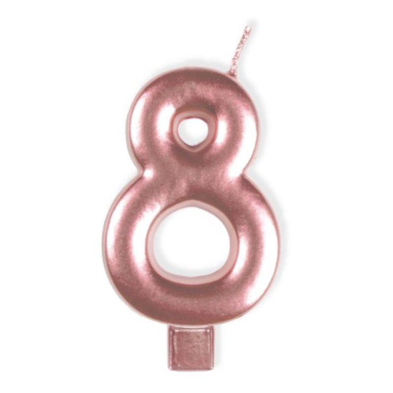 Rose gold numeral candle #8, 8cm high, perfect for birthdays and celebrations, adding elegance to any dessert table.