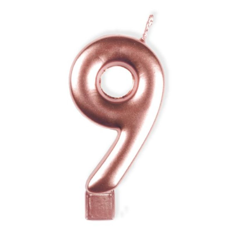 Elegant rose gold numeral #9 candle, 8 cm tall, perfect for birthdays and special occasions, adding a touch of glamour.