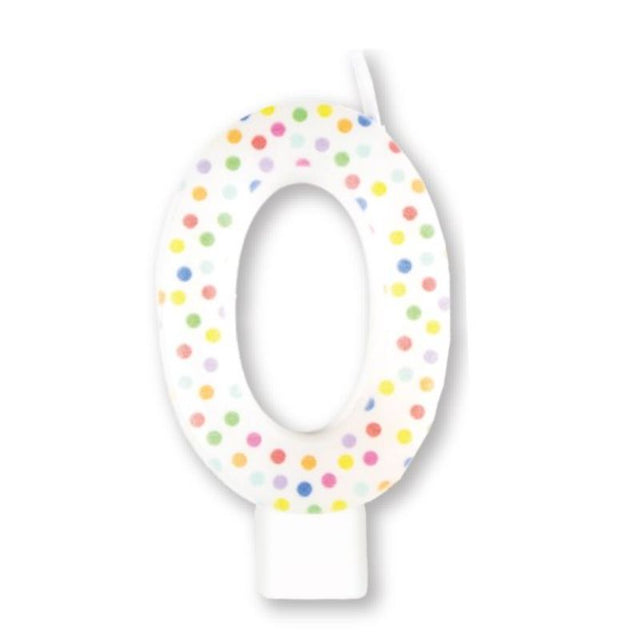 Vibrant rainbow dot numeral candle #0, measuring 8cm, perfect for colorful celebrations and cake decor.