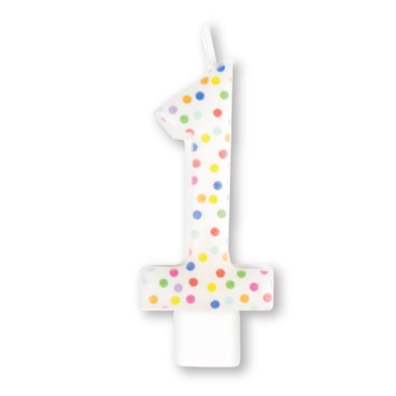 Colorful rainbow dotted numeral candle #1, perfect for vibrant birthday celebrations and special occasions.