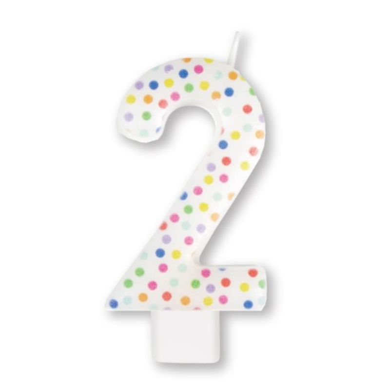 Vibrant 8cm numeral candle adorned with rainbow dots, ideal for birthdays and celebrations, adding a colorful touch to cakes.