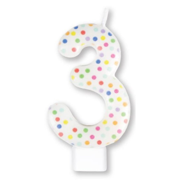 Colorful molded numeral candle "#3" with rainbow dots, perfect for birthdays and festive celebrations.