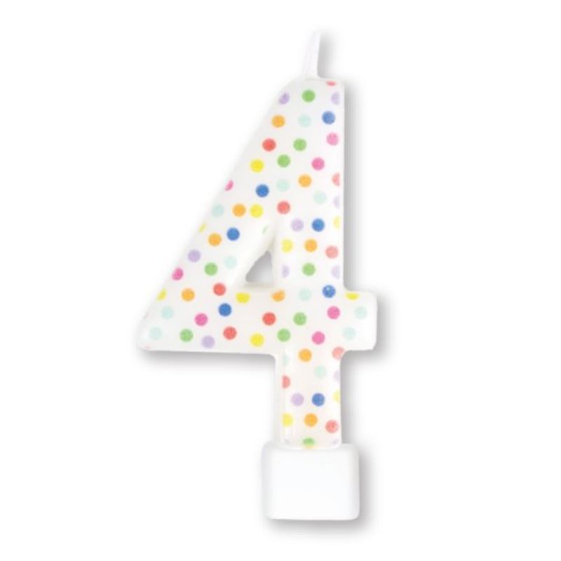 Rainbow dot numeral candle #4, 8cm tall, vibrant and perfect for birthdays and celebrations. Adds charm to any cake.