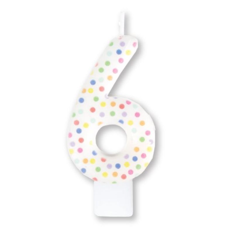 Colorful #6 rainbow dot numeral candle, 8cm size, perfect for birthdays and special celebrations.