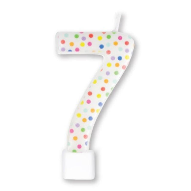 Vibrant #7 rainbow dots candle, 8cm, perfect for birthdays and celebrations, adding a playful touch to cakes and desserts.